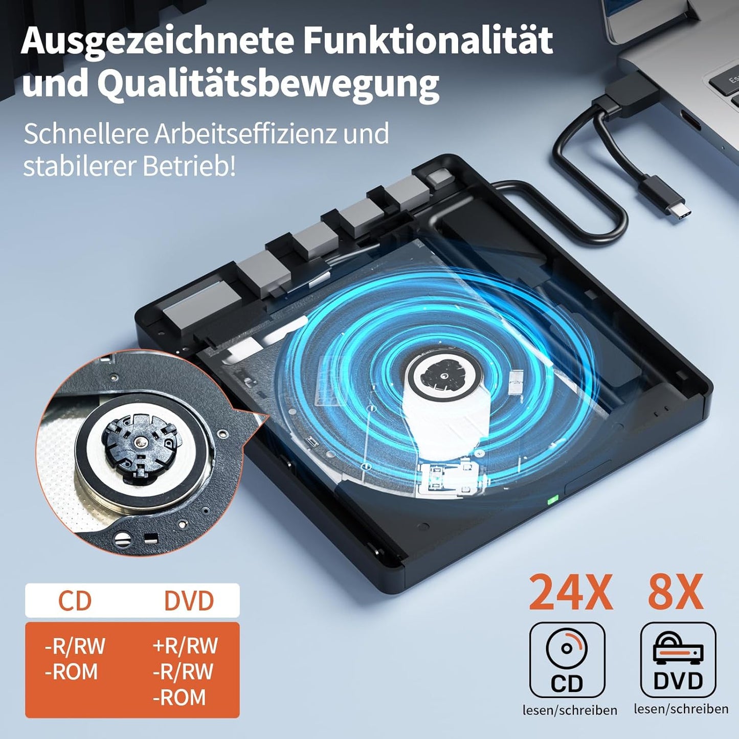Alxum Externes DVD Laufwerk USB 3.0 Type C CD extern USB mit SD/TF Kartenleser B34Y