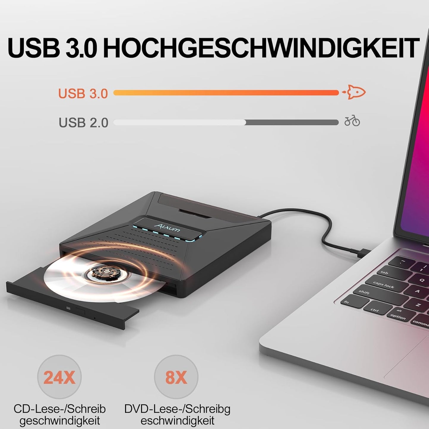 Alxum Externes DVD CD Laufwerk für Laptop,  extern USB mit SATA-Schnittstelle,T050A