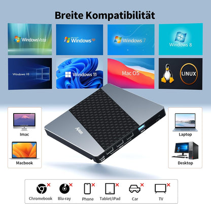 Alxum Externes DVD Laufwerk USB 3.0 Type C CD extern USB mit SD/TF Kartenleser B34Y