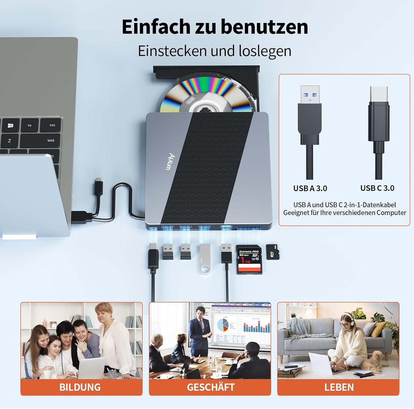 Alxum Externes DVD Laufwerk USB 3.0 Type C CD extern USB mit SD/TF Kartenleser B34Y