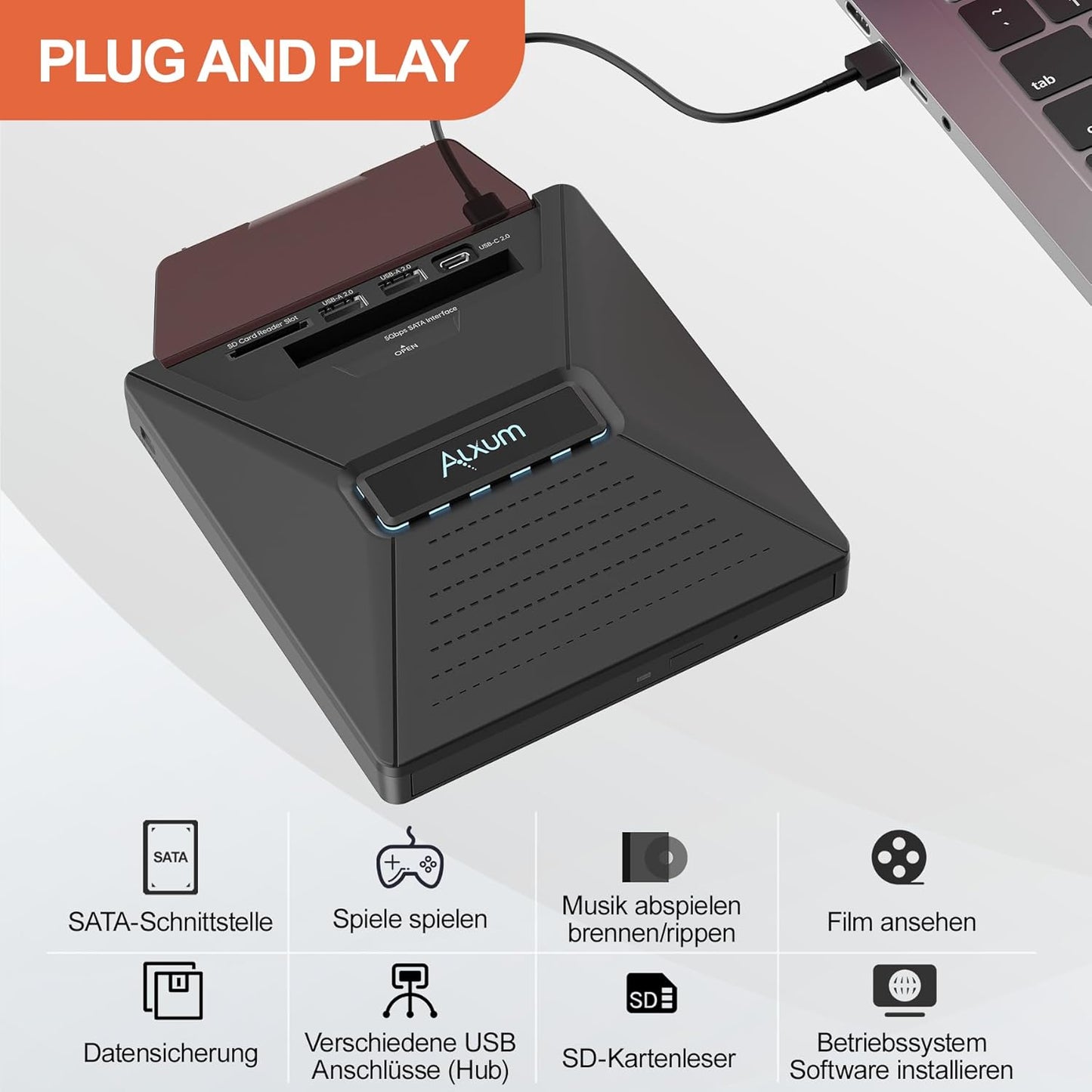 Alxum Externes DVD CD Laufwerk für Laptop,  extern USB mit SATA-Schnittstelle,T050A