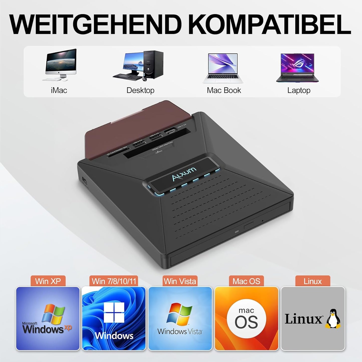 Alxum Externes DVD CD Laufwerk für Laptop,  extern USB mit SATA-Schnittstelle,T050A