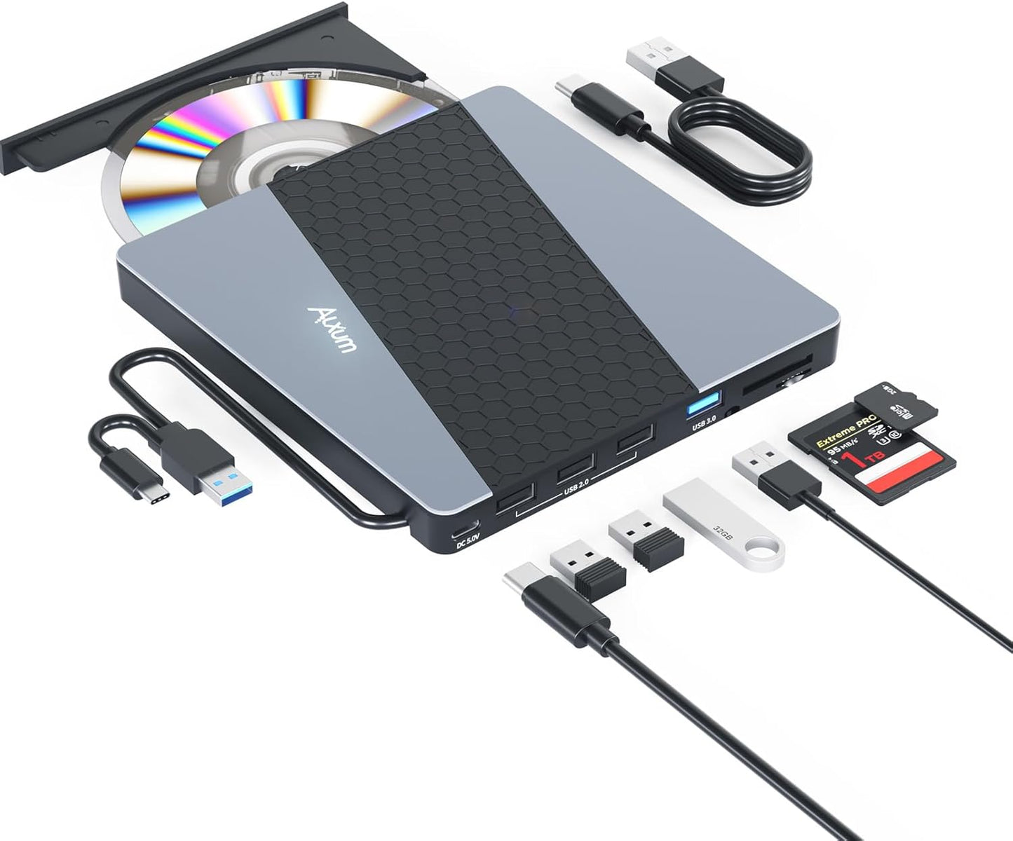 Alxum Externes DVD Laufwerk USB 3.0 Type C extern USB mit SD/TF Kartenleser,T037A