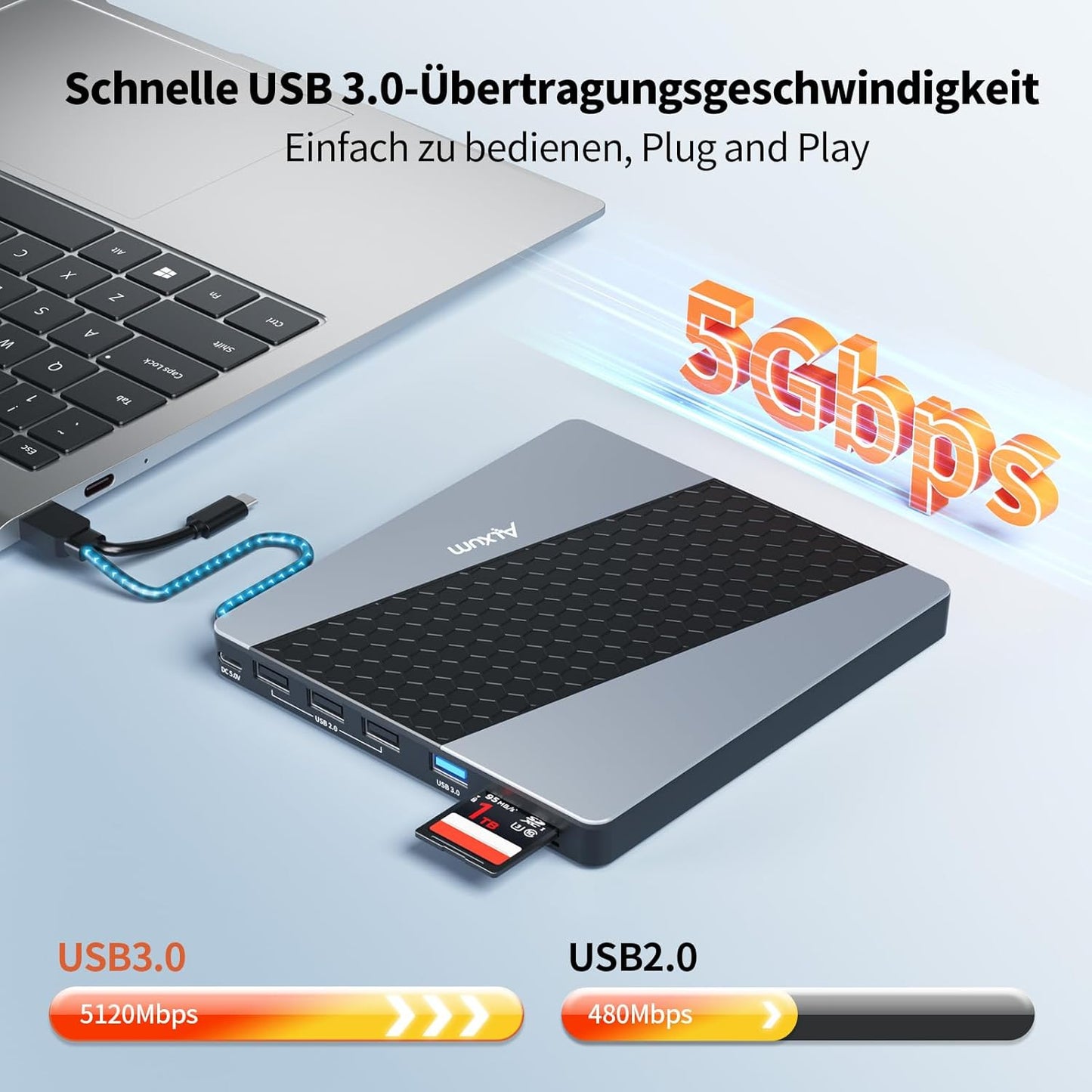 Alxum Externes DVD Laufwerk USB 3.0 Type C extern USB mit SD/TF Kartenleser,T037A