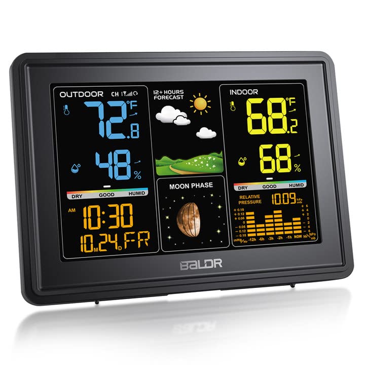 BALDR Wetterstation Innen- und Außenthermometer Digital Farb-LCD Mondphasen Luftdruck Temperatur Luftfeuchtigkeit Monitor