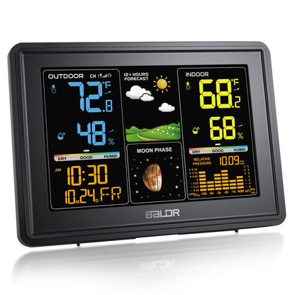 BALDR Wetterstation Innen- und Außenthermometer Digital Farb-LCD Mondphasen Luftdruck Temperatur Luftfeuchtigkeit Monitor