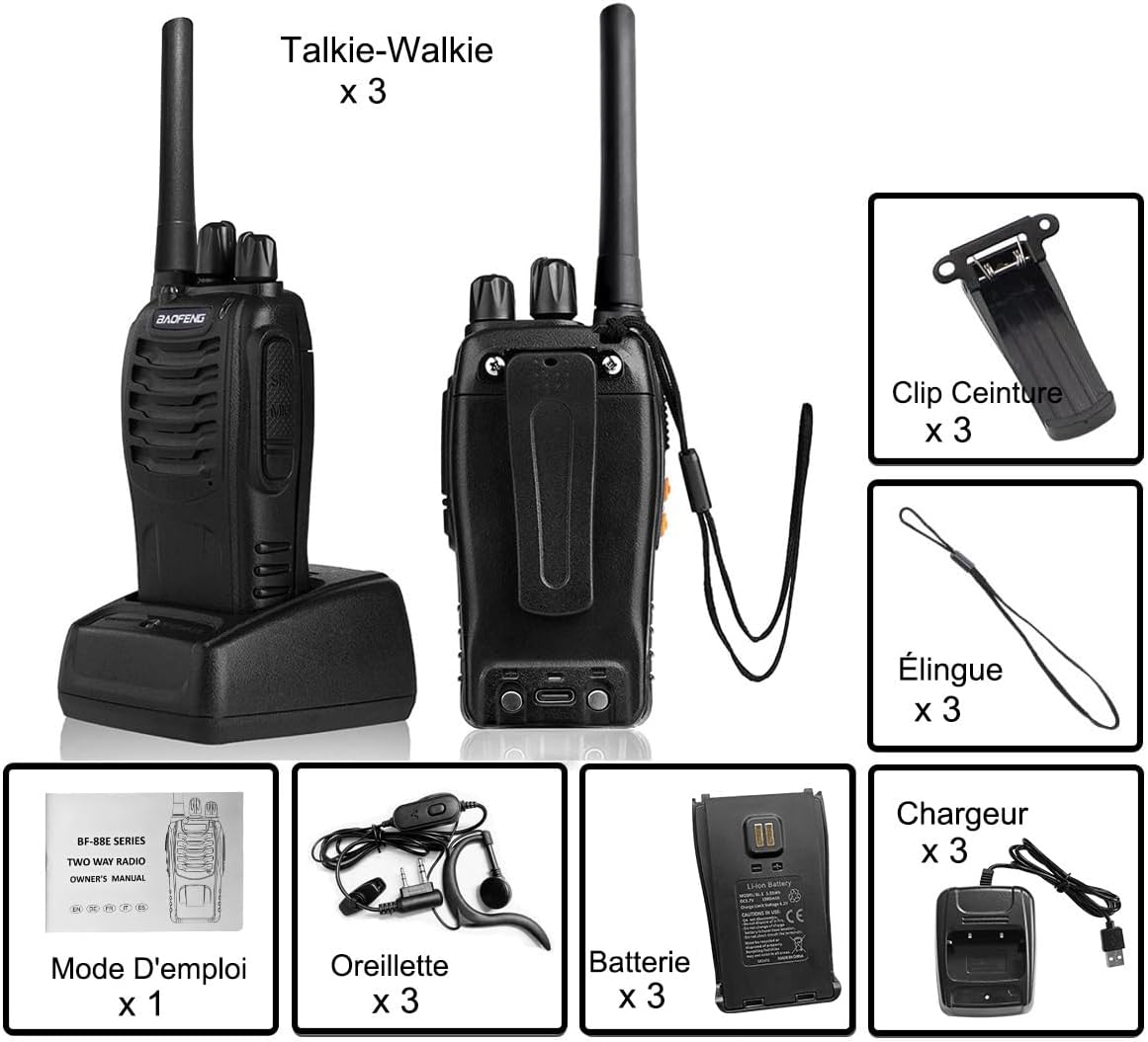 Baofeng Walkie Talkies Funkgerät Zwei-Wege 16 Kanäle mit Akku, Headset und USB-Ladestation(3 Stück)