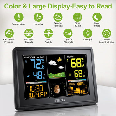 BALDR Wetterstation Innen- und Außenthermometer Digital Farb-LCD Mondphasen Luftdruck Temperatur Luftfeuchtigkeit Monitor