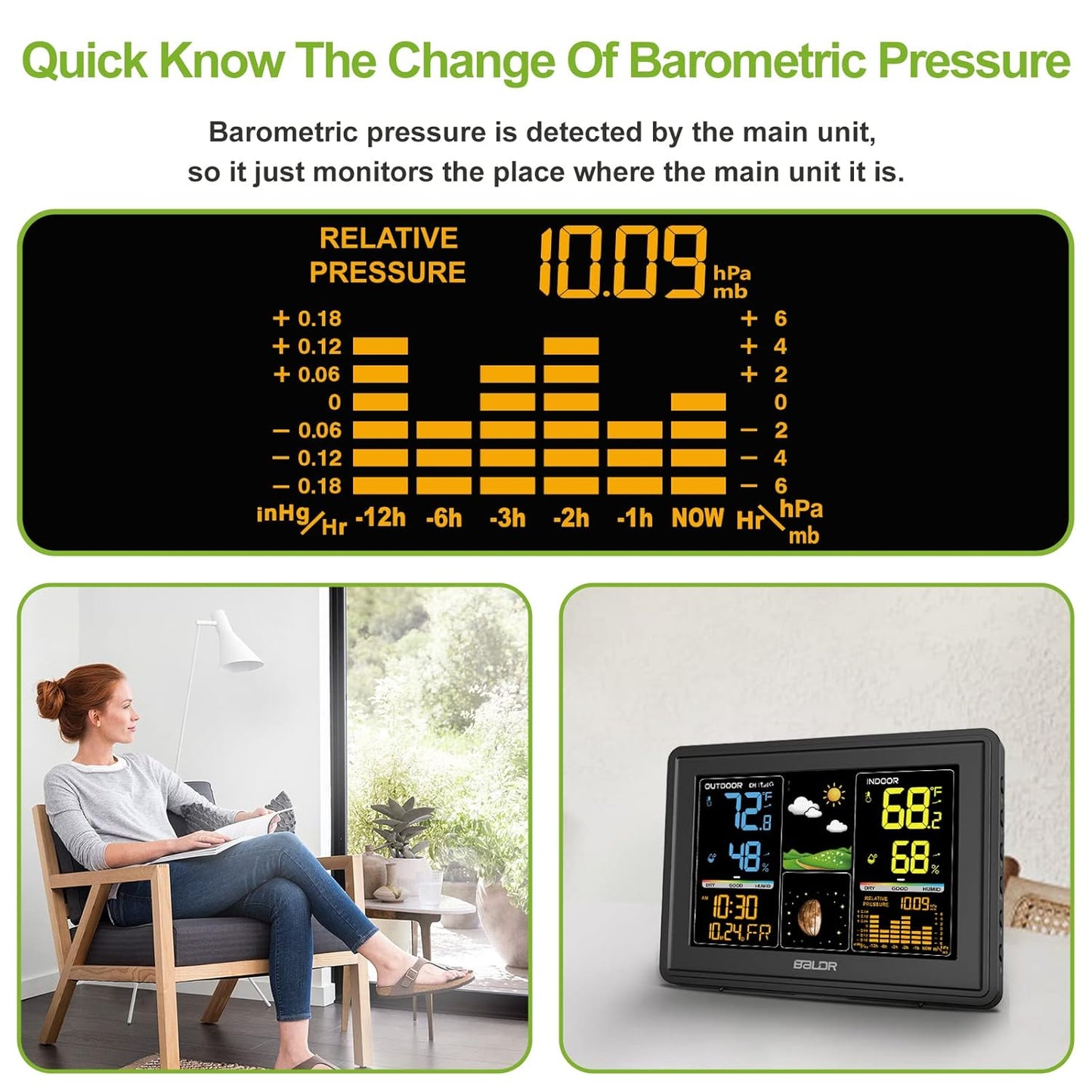 BALDR Wetterstation Innen- und Außenthermometer Digital Farb-LCD Mondphasen Luftdruck Temperatur Luftfeuchtigkeit Monitor