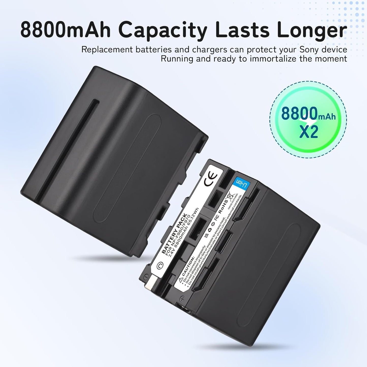 2-Pack 8800mAh Ersatzakku und USB-Ladegerät für Sony NP-F970 /NP-F960. batterien
