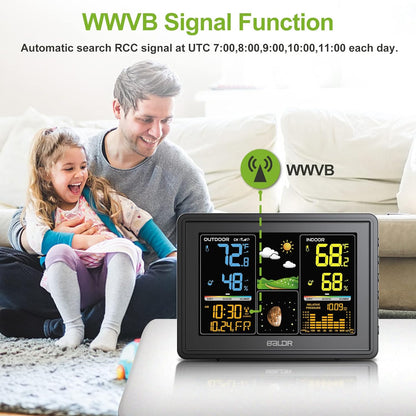 BALDR Wetterstation Innen- und Außenthermometer Digital Farb-LCD Mondphasen Luftdruck Temperatur Luftfeuchtigkeit Monitor