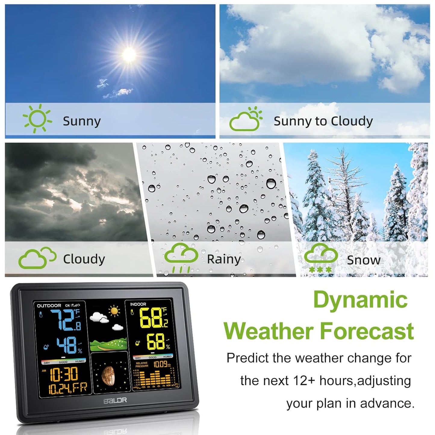 BALDR Wetterstation Innen- und Außenthermometer Digital Farb-LCD Mondphasen Luftdruck Temperatur Luftfeuchtigkeit Monitor