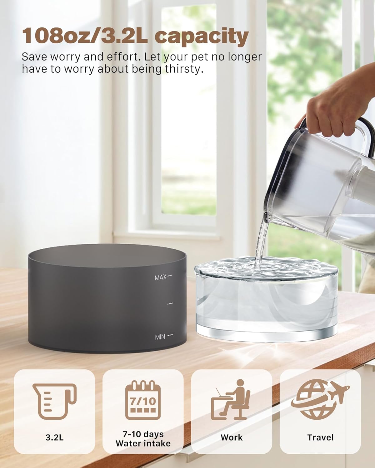 BEMOONY Katzenbrunnen, 3.2L Trinkbrunnen, leise Pumpe mit Led, Tiefenfilterung