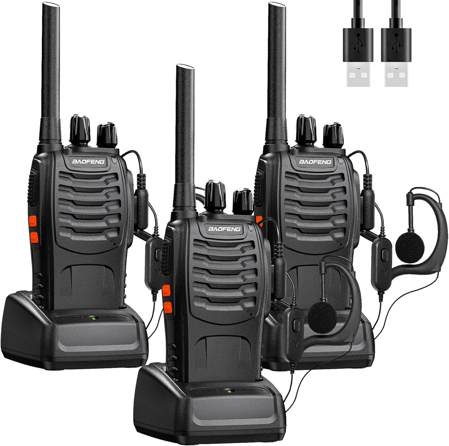 Baofeng Walkie Talkies Funkgerät Zwei-Wege 16 Kanäle mit Akku, Headset und USB-Ladestation(3 Stück)