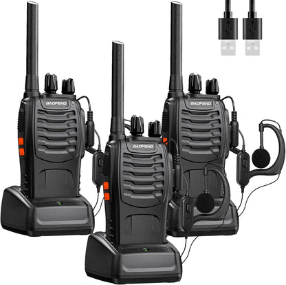 Baofeng Walkie Talkies Funkgerät Zwei-Wege 16 Kanäle mit Akku, Headset und USB-Ladestation(3 Stück)