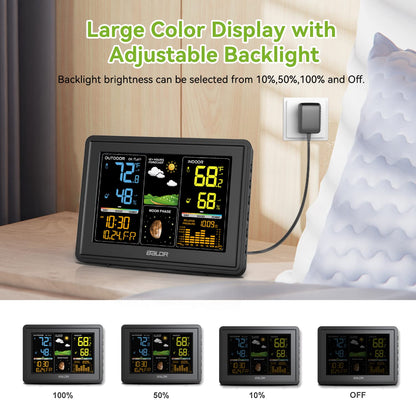 BALDR Wetterstation Innen- und Außenthermometer Digital Farb-LCD Mondphasen Luftdruck Temperatur Luftfeuchtigkeit Monitor