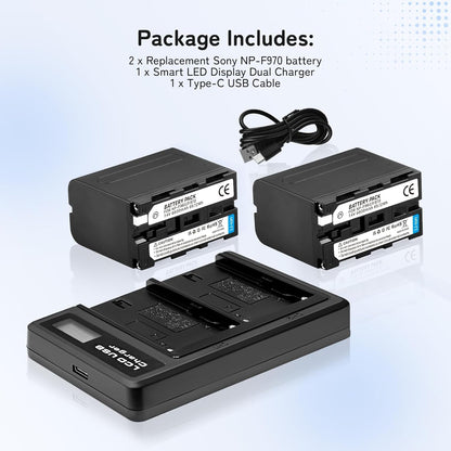 2-Pack 8800mAh Ersatzakku und USB-Ladegerät für Sony NP-F970 /NP-F960. batterien