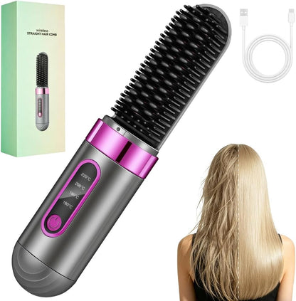 Glättbürste Kabellos, Tragbare Glättungsbürste für Haarstyling, 4 Wärmestufen,160°C-200°C