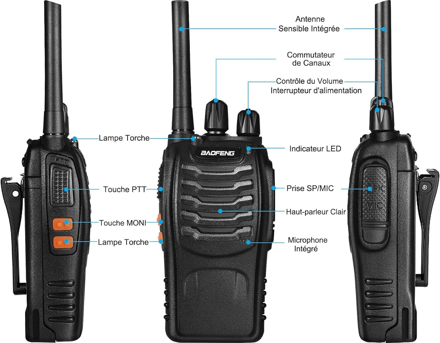 Baofeng Walkie Talkies Funkgerät Zwei-Wege 16 Kanäle mit Akku, Headset und USB-Ladestation(3 Stück)