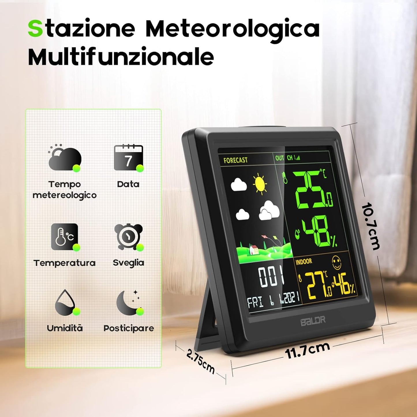 BALDR Drahtlose Wetterstation mit externen Sensoren,Wecker mit Farbbildschirm