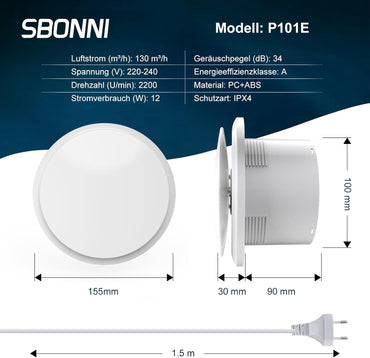 Badlüfter 100mm, 12W Leiser Abluftventilator, 130m³/h Starker Lüftung Wandventilator