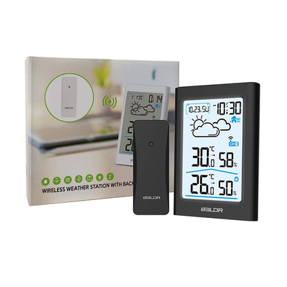 BALDR Thermomètre à câble station d'humidité avec moniteur de température, mesure du feu de l'air, Zeit- und Datumsanzeige, blanc Blacklight LCD (noir)