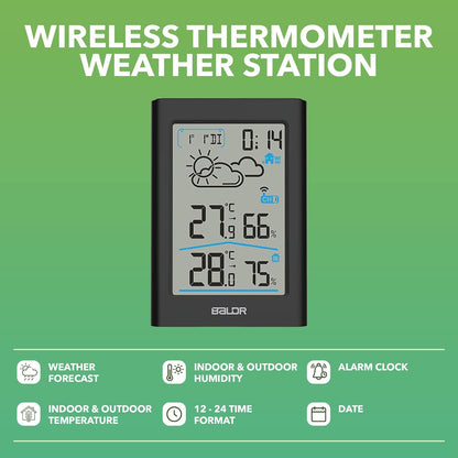 BALDR Thermomètre à câble station d'humidité avec moniteur de température, mesure du feu de l'air, Zeit- und Datumsanzeige, blanc Blacklight LCD (noir)