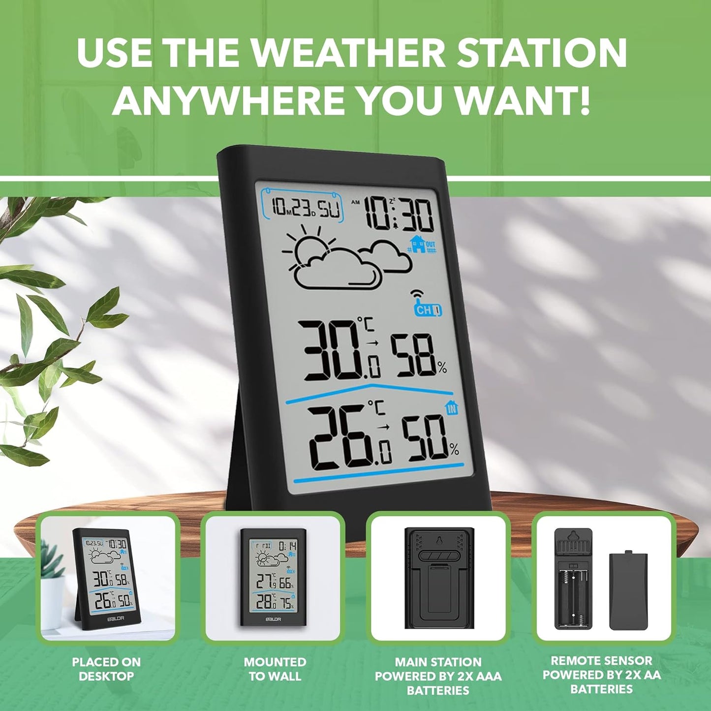 BALDR Thermomètre à câble station d'humidité avec moniteur de température, mesure du feu de l'air, Zeit- und Datumsanzeige, blanc Blacklight LCD (noir)