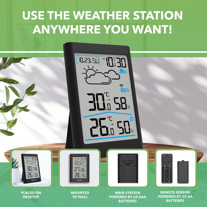 BALDR Thermomètre à câble station d'humidité avec moniteur de température, mesure du feu de l'air, Zeit- und Datumsanzeige, blanc Blacklight LCD (noir)