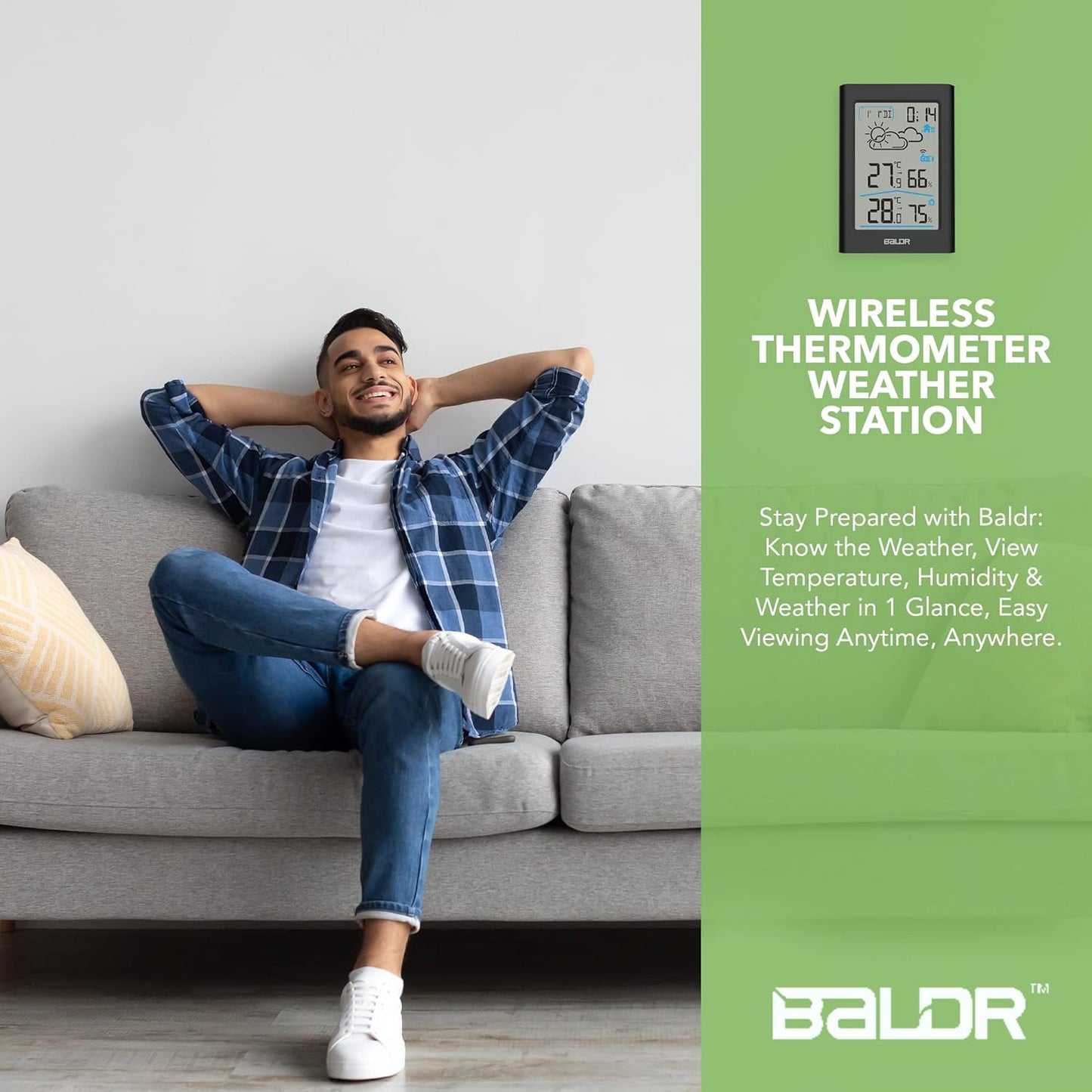 BALDR Thermomètre à câble station d'humidité avec moniteur de température, mesure du feu de l'air, Zeit- und Datumsanzeige, blanc Blacklight LCD (noir)