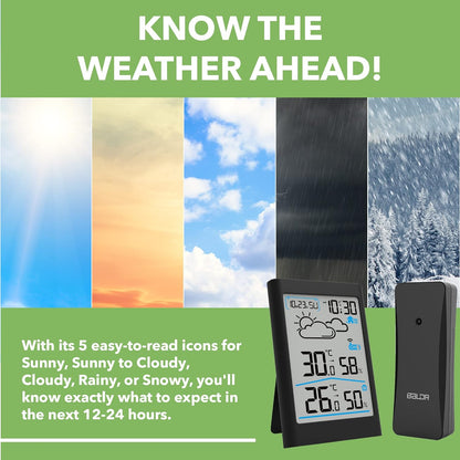 BALDR Thermomètre à câble station d'humidité avec moniteur de température, mesure du feu de l'air, Zeit- und Datumsanzeige, blanc Blacklight LCD (noir)