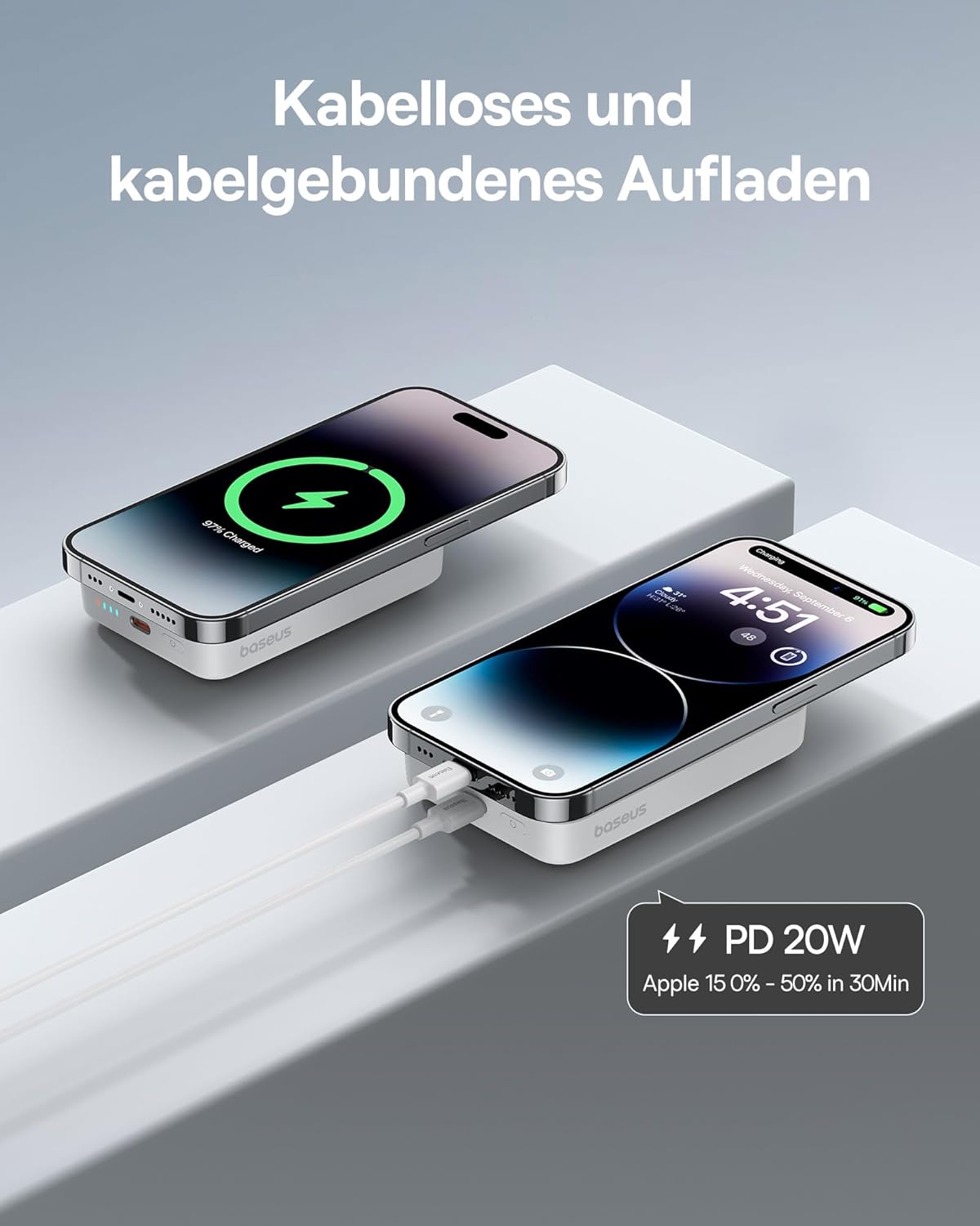 Baseus Magsafe Powerbank 10000mAh, Kabellose, Magnetische  für iPhone 15/14/13/12 weiß