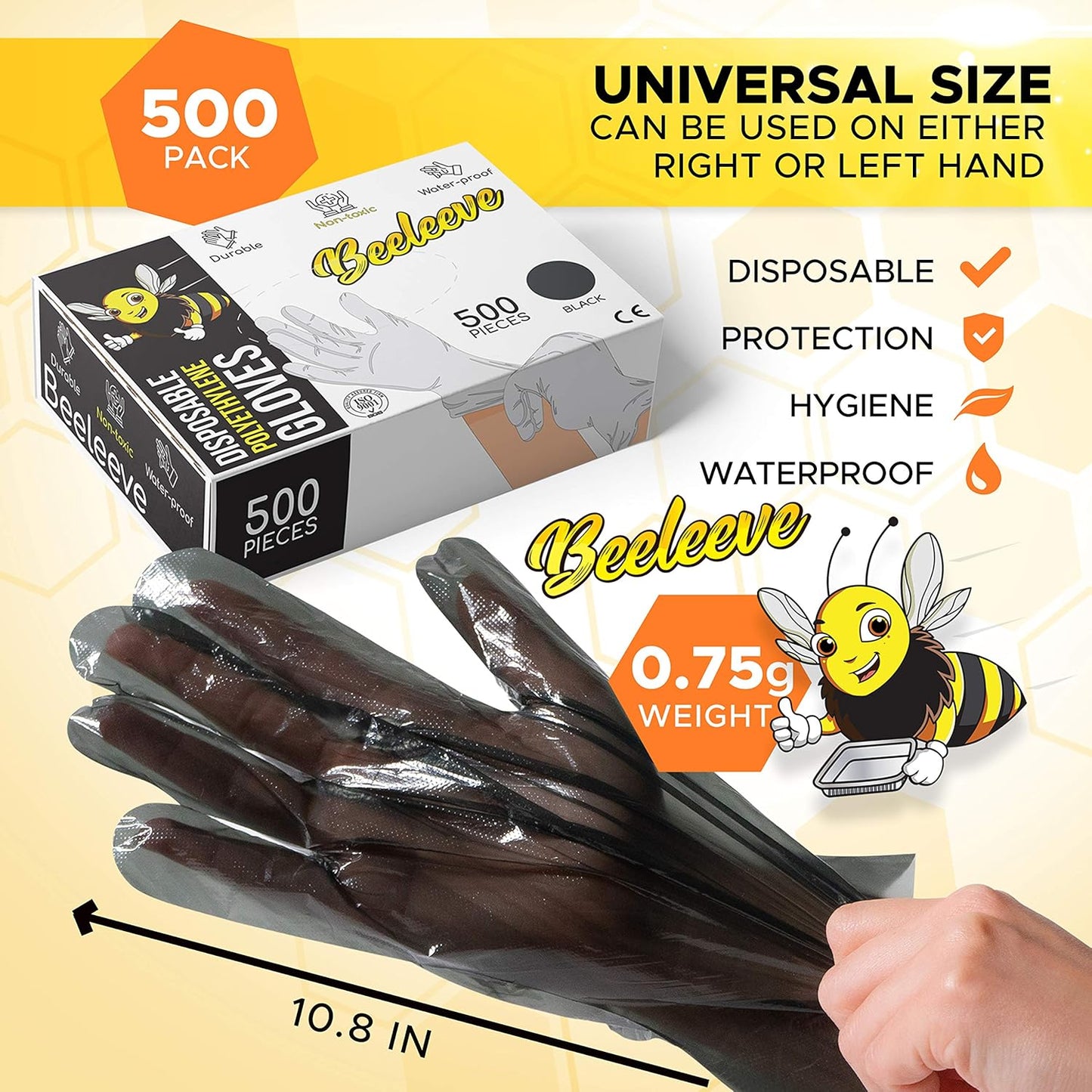 Beeleeve (3x500-Box) Einweghandschuhe aus Kunststoff ,wasserdicht, Bulk, (i-Schwarz)