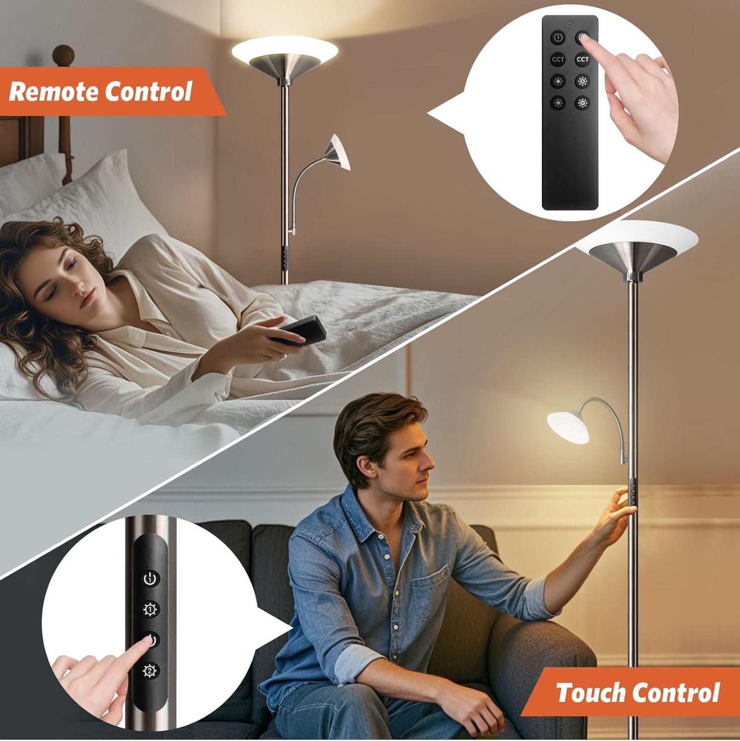 BBHome Stehlampe Wohnzimmer LED, 27W Deckenfluter  Dimmbar mit 6W leselampe, 3000K-6500K
