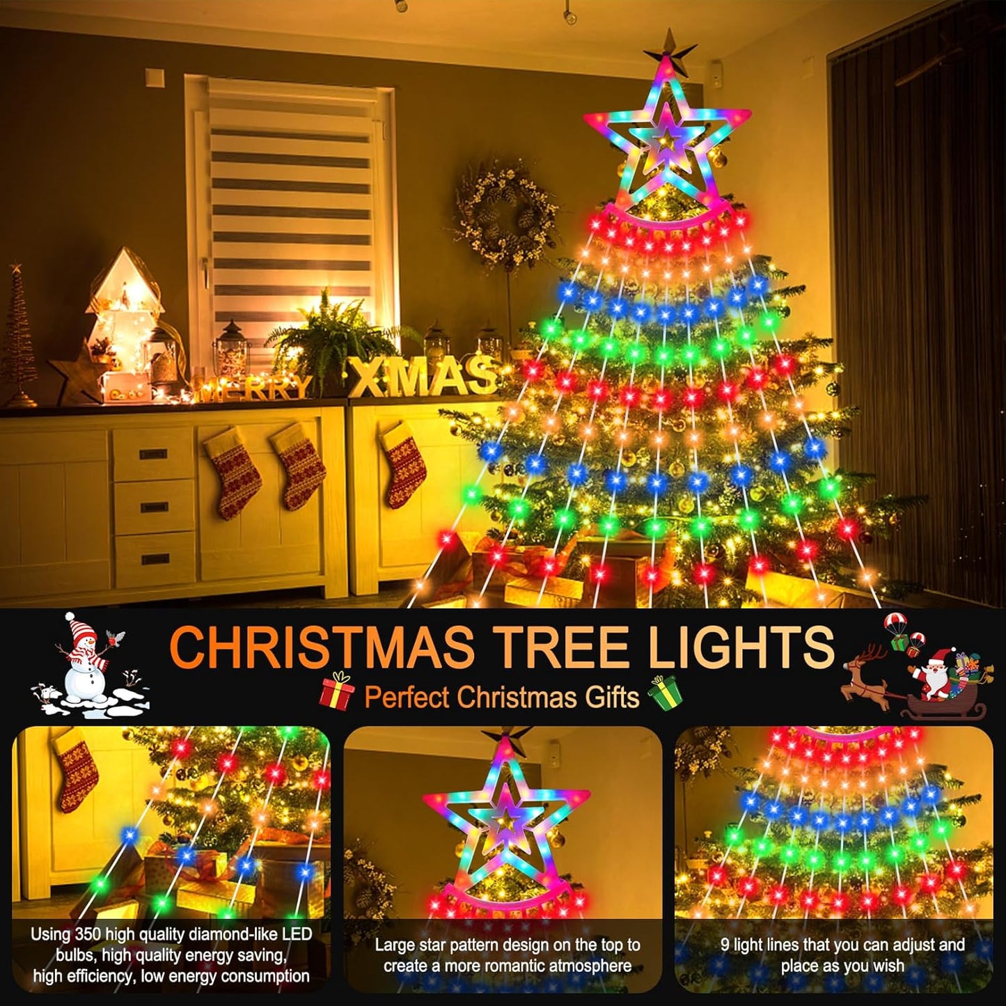 Guirlande lumineuse LED BIAOQINBO pour sapin de Noël avec prise 350 LED, 9 jours x 3,5 m, IP45, 8 modes d'éclairage, pour l'intérieur et l'extérieur [Classe énergétique E]