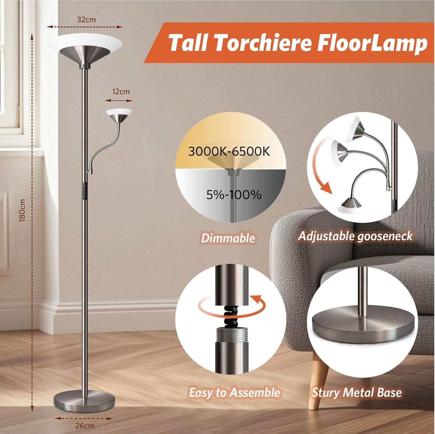 BBHome Stehlampe Wohnzimmer LED, 27W Deckenfluter  Dimmbar mit 6W leselampe, 3000K-6500K
