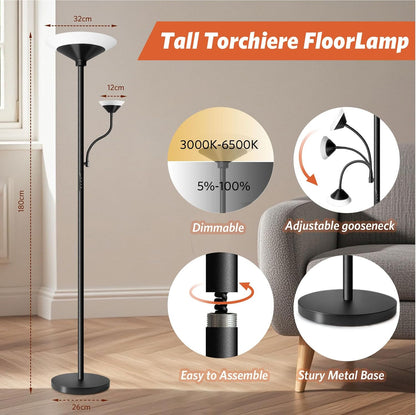BBHome Stehlampe Wohnzimmer LED, 27W Deckenfluter LED Dimmbar mit 6W leselampe, 3000K-6500K