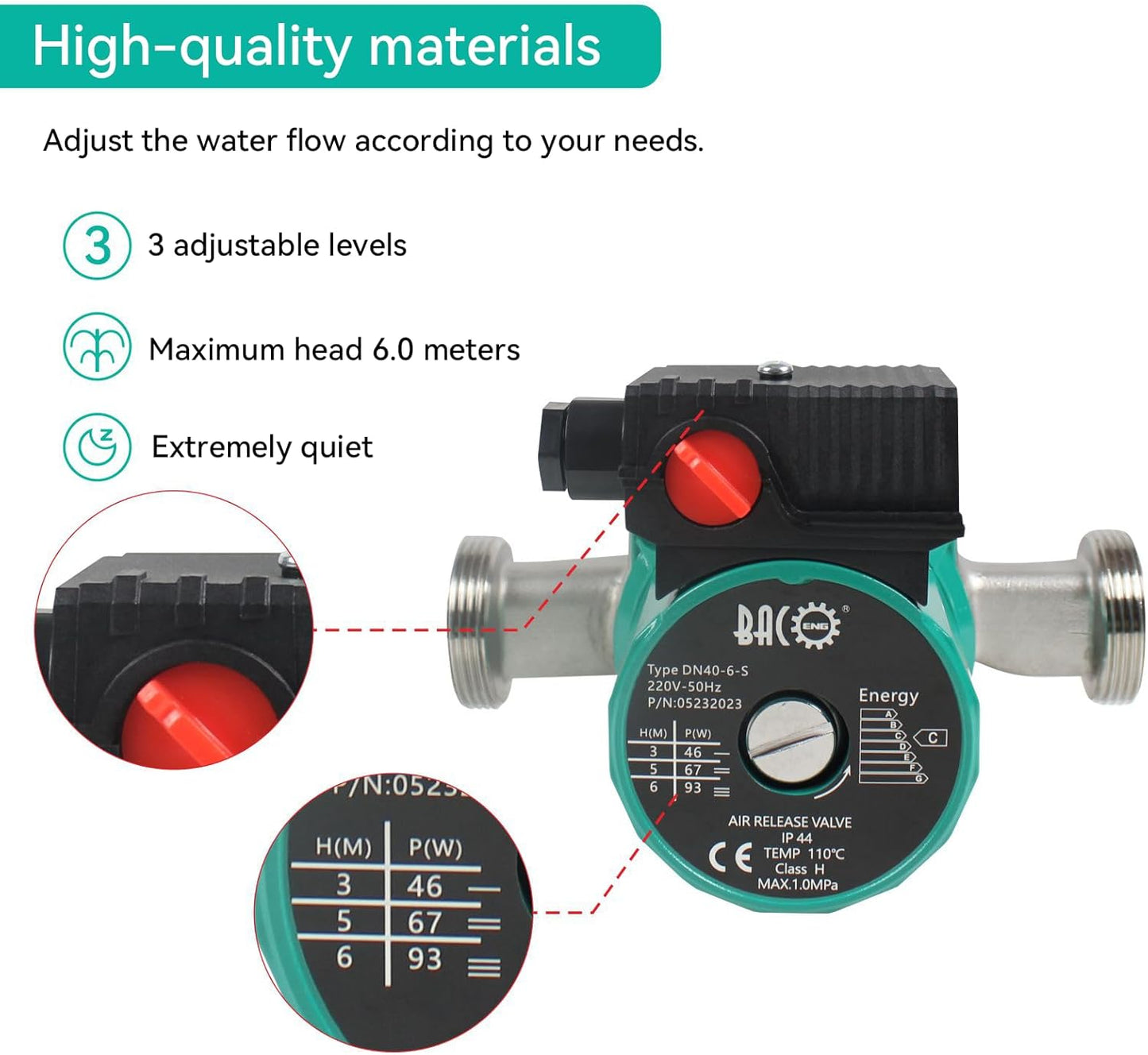 BACOENG Edelstahl Umwälzpumpe Heizungspumpe RS 25/6-180 Zirkulationspumpe für Zentralheizung 220V/ 50 Hz
