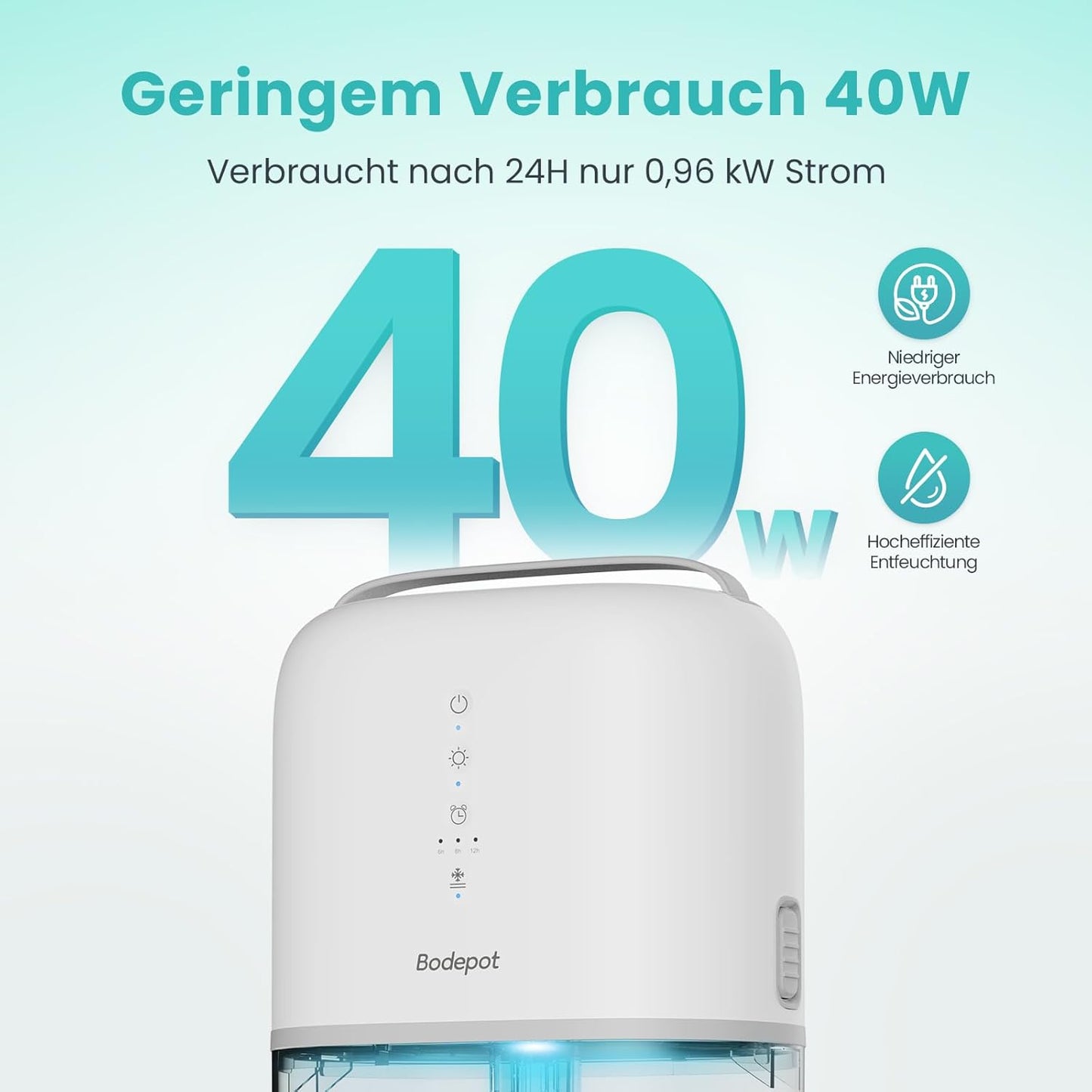 BODEPOT Luftentfeuchter Elektrisch Keller 1800ml 40W Timer, 7 Farbige