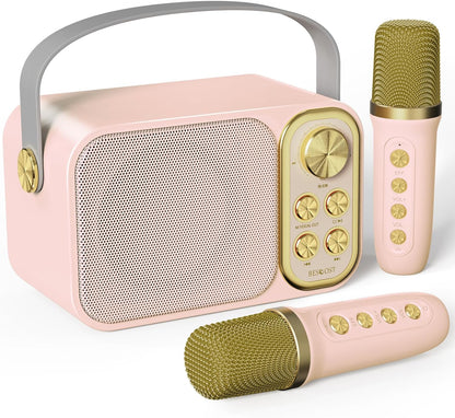 Bestpreis Mini Karaoke Maschine für Kinder mit 2 drahtlose mikrofone, tragbare Bluetooth lautsprecher Rosa