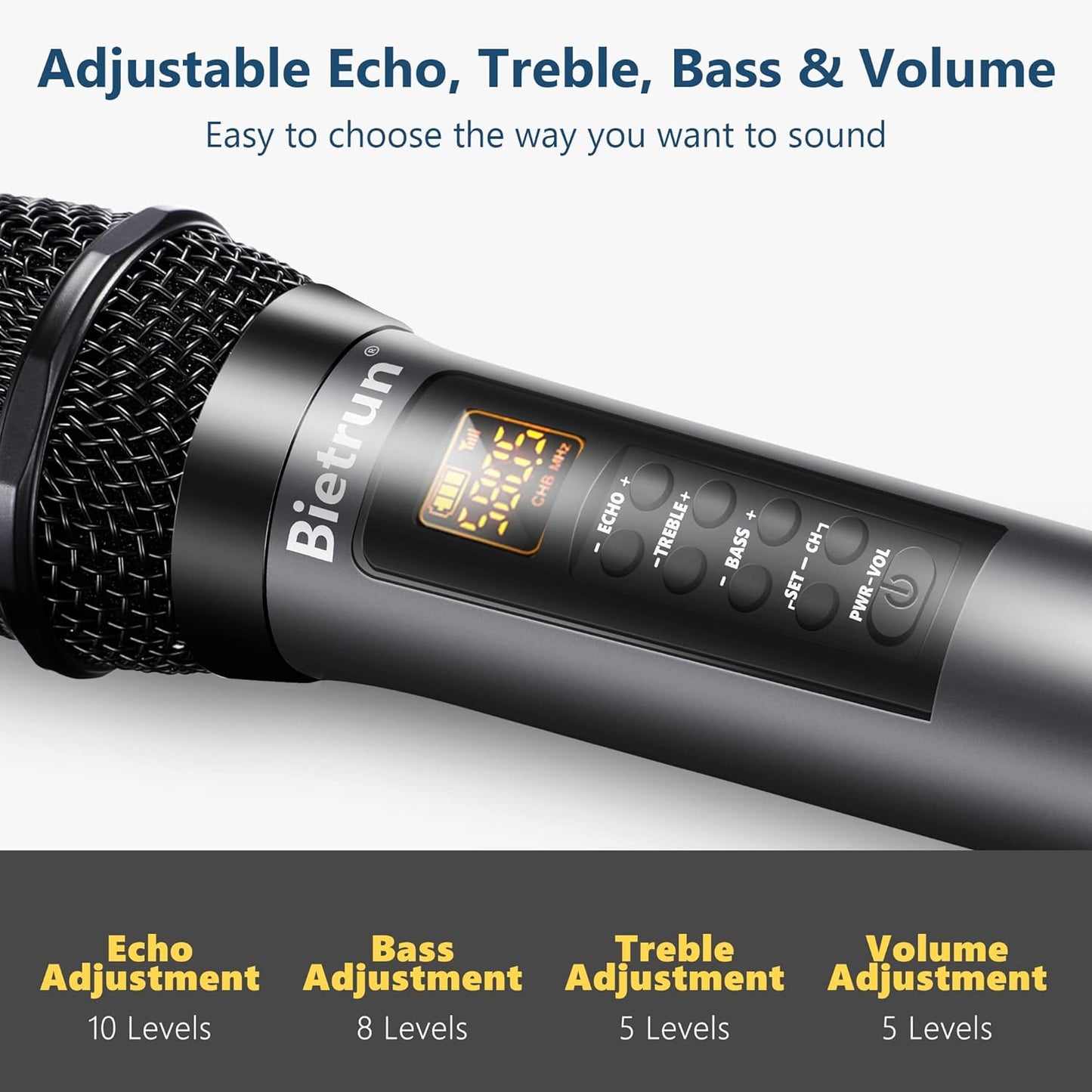 Bietrun Kabelloses Mikrofon mit Echo, Höhen, Bass & Bluetooth, 160 FT Reichweite
