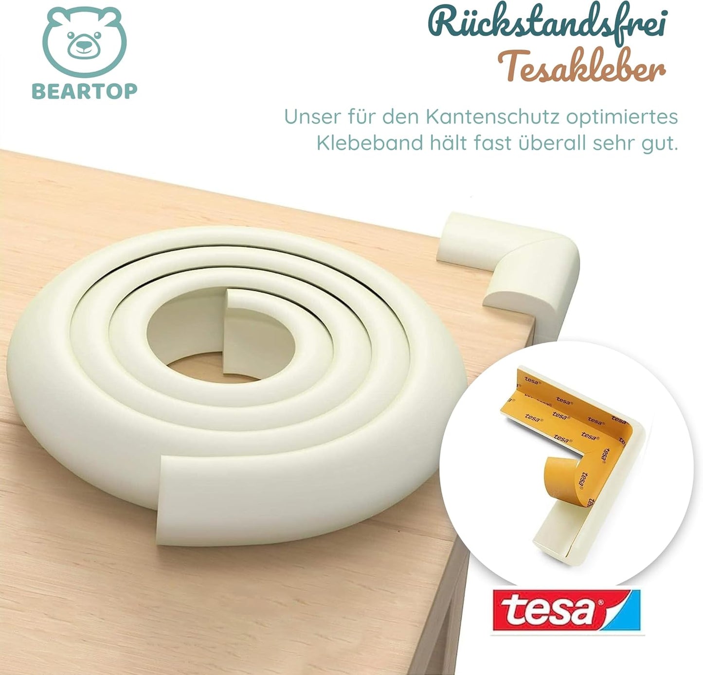 BEARTOP Kantenschutz - für Babys,selbstklebend,3m+8 Ecken - Wollweiß