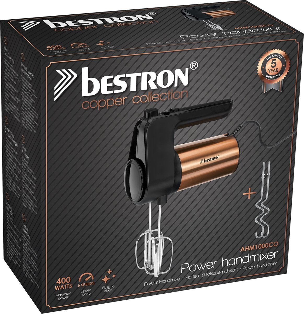 Bestron Power Batteur à main, Batteur à main électrique avec 2 lames et 2 Knethaken, 6 Geschwindigkeitstufen, 400 Watt, Fabricant : Kupfer