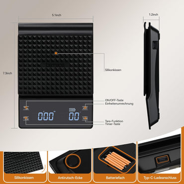 bemece USB Wiederaufladbare Digital kaffeewaage mit Timer,LED-Anzeige