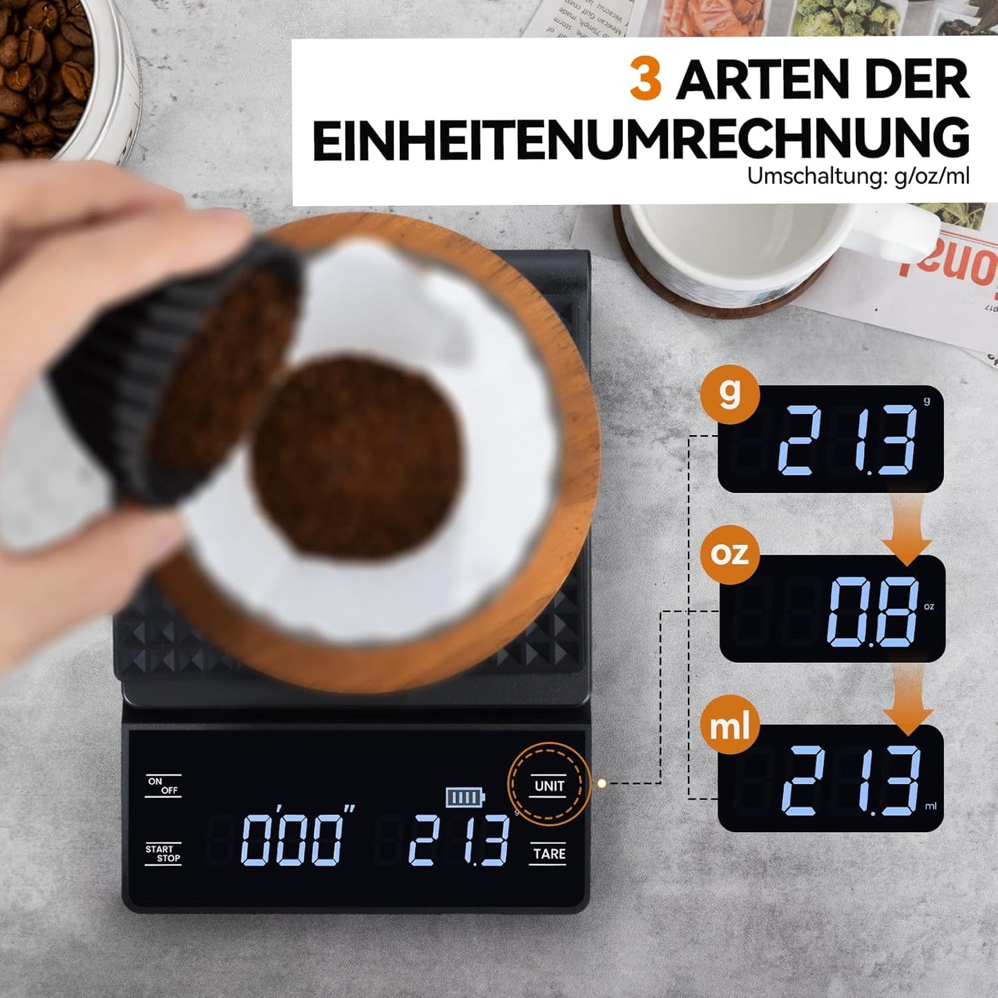 bemece USB Wiederaufladbare Digital kaffeewaage mit Timer,LED-Anzeige