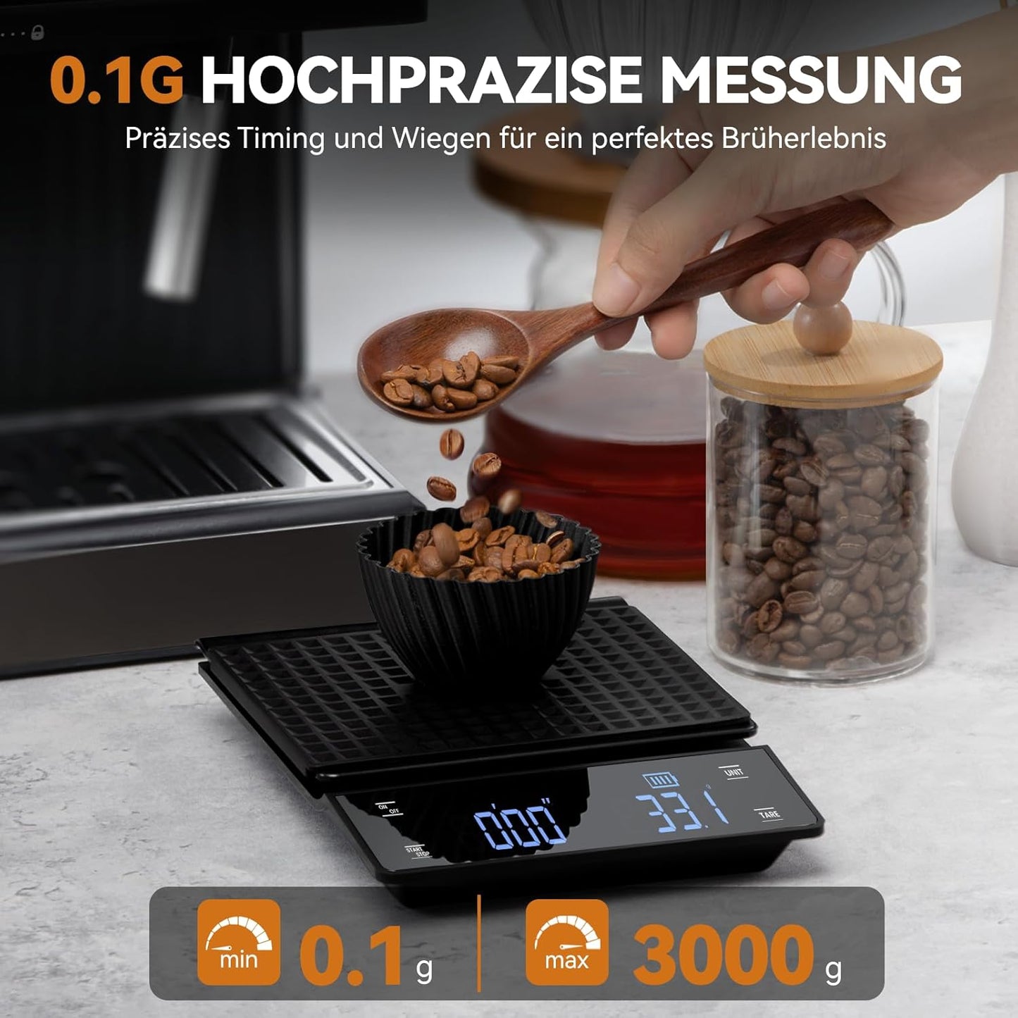 bemece USB Wiederaufladbare Digital kaffeewaage mit Timer,LED-Anzeige