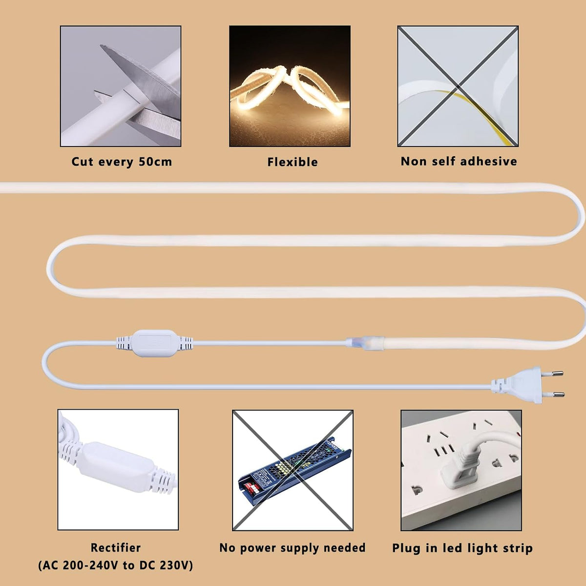 BENLUN AC 230V COB LED Streifen Aussenbereich Wasserdicht 20m 200W 3000K Warmweiß LED Strip
