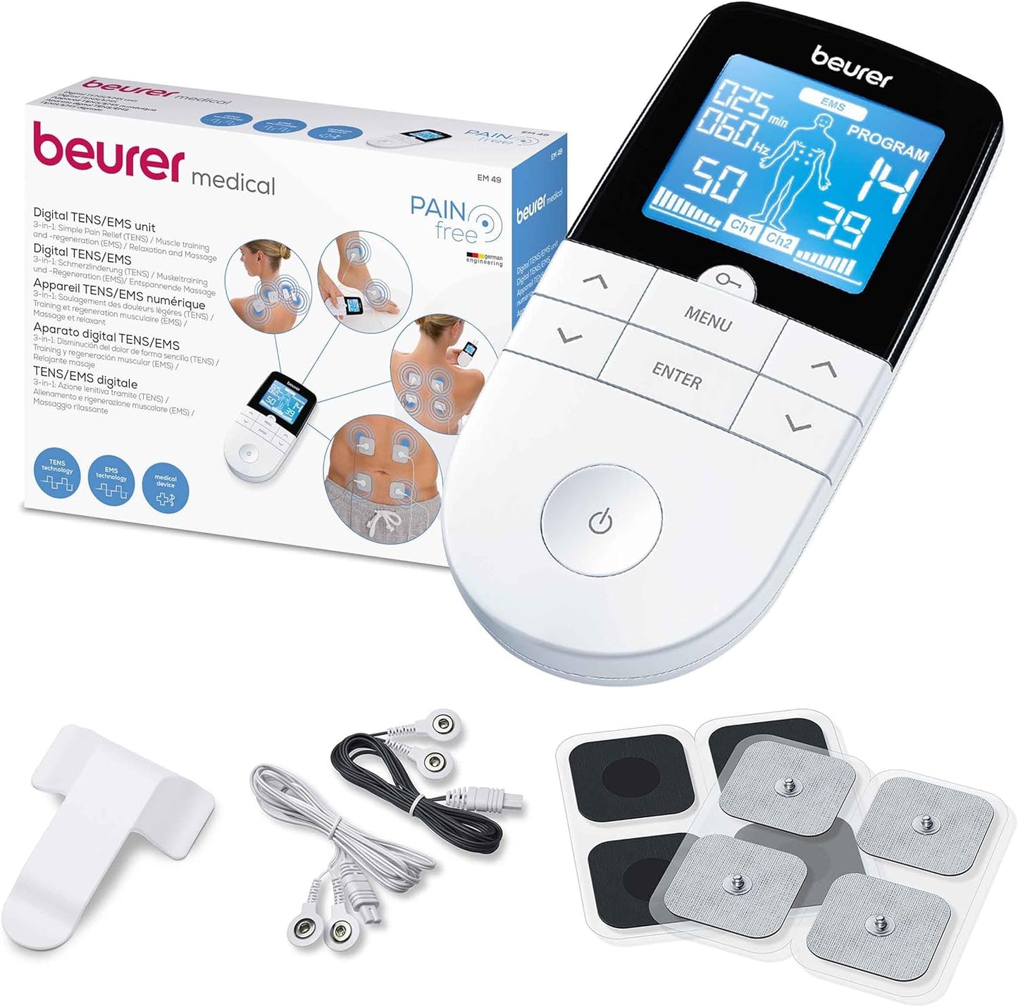 Beurer EM 49 Digital TENS/EMS, poussette de voyage 3 en 1 pour soulager la douleur grâce à la neurostimulation électrique, fonction massage, avec 4 électrodes