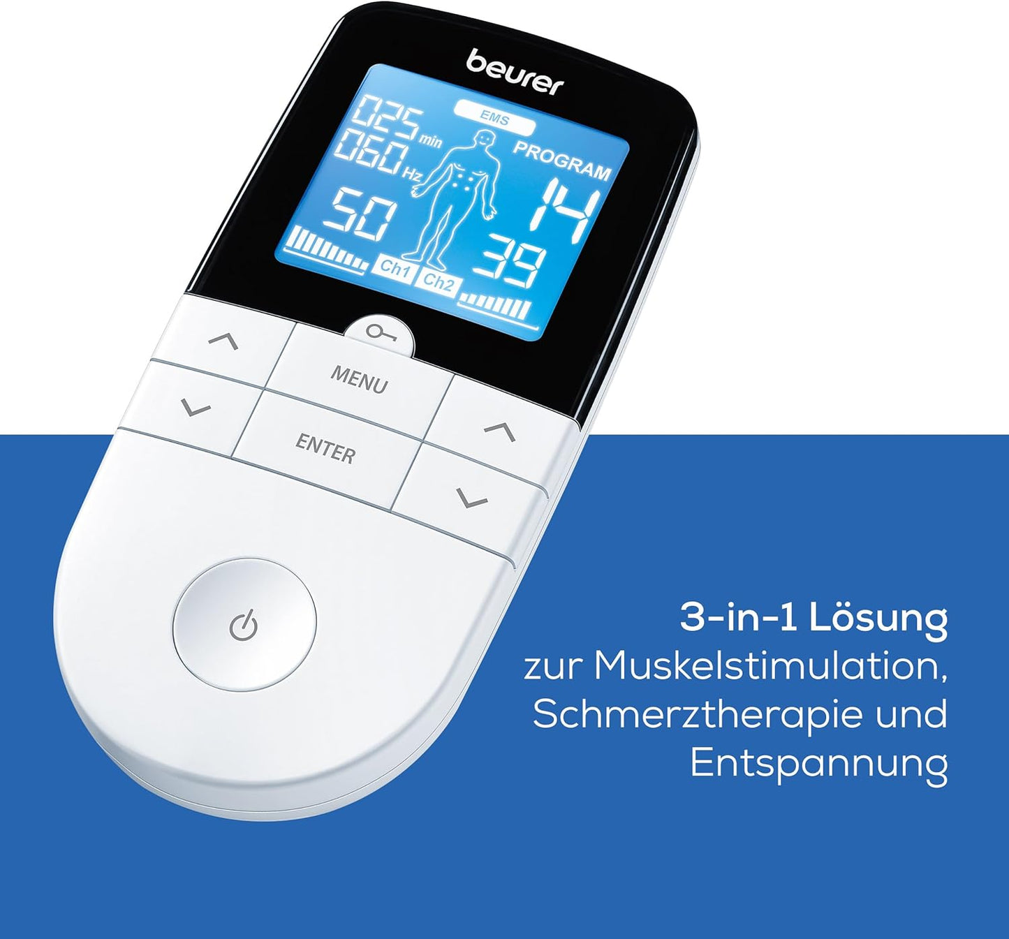 Beurer EM 49 Digital TENS/EMS, poussette de voyage 3 en 1 pour soulager la douleur grâce à la neurostimulation électrique, fonction massage, avec 4 électrodes
