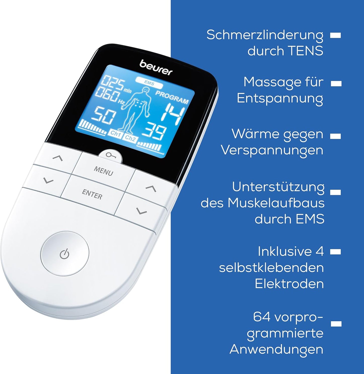 Beurer EM 49 Digital TENS/EMS, poussette de voyage 3 en 1 pour soulager la douleur grâce à la neurostimulation électrique, fonction massage, avec 4 électrodes